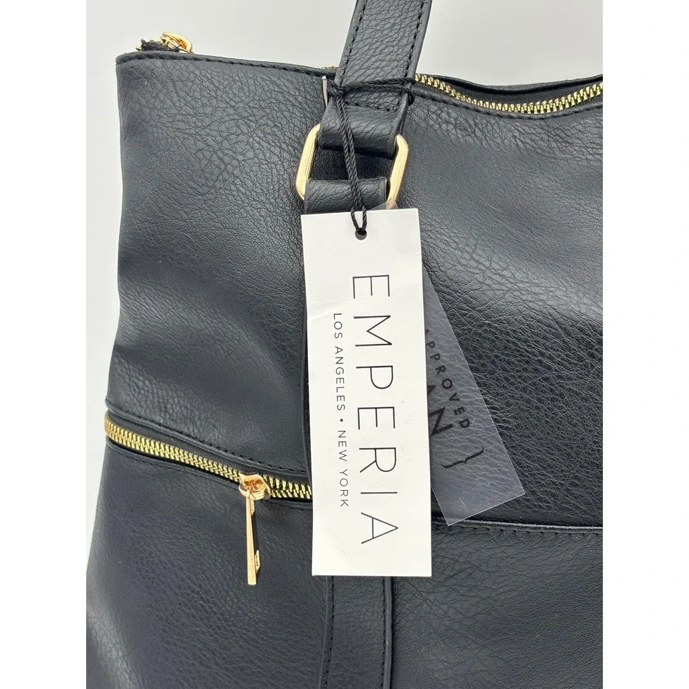 EMPERIA LOS ANGELES Black Vegan Leather Handbag NEW Bag Backpack Satchel Large